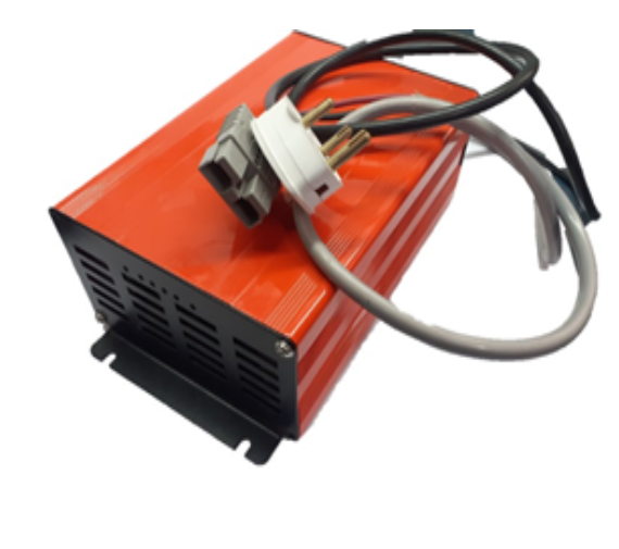 Orange e-rickshaw battery charger with cables